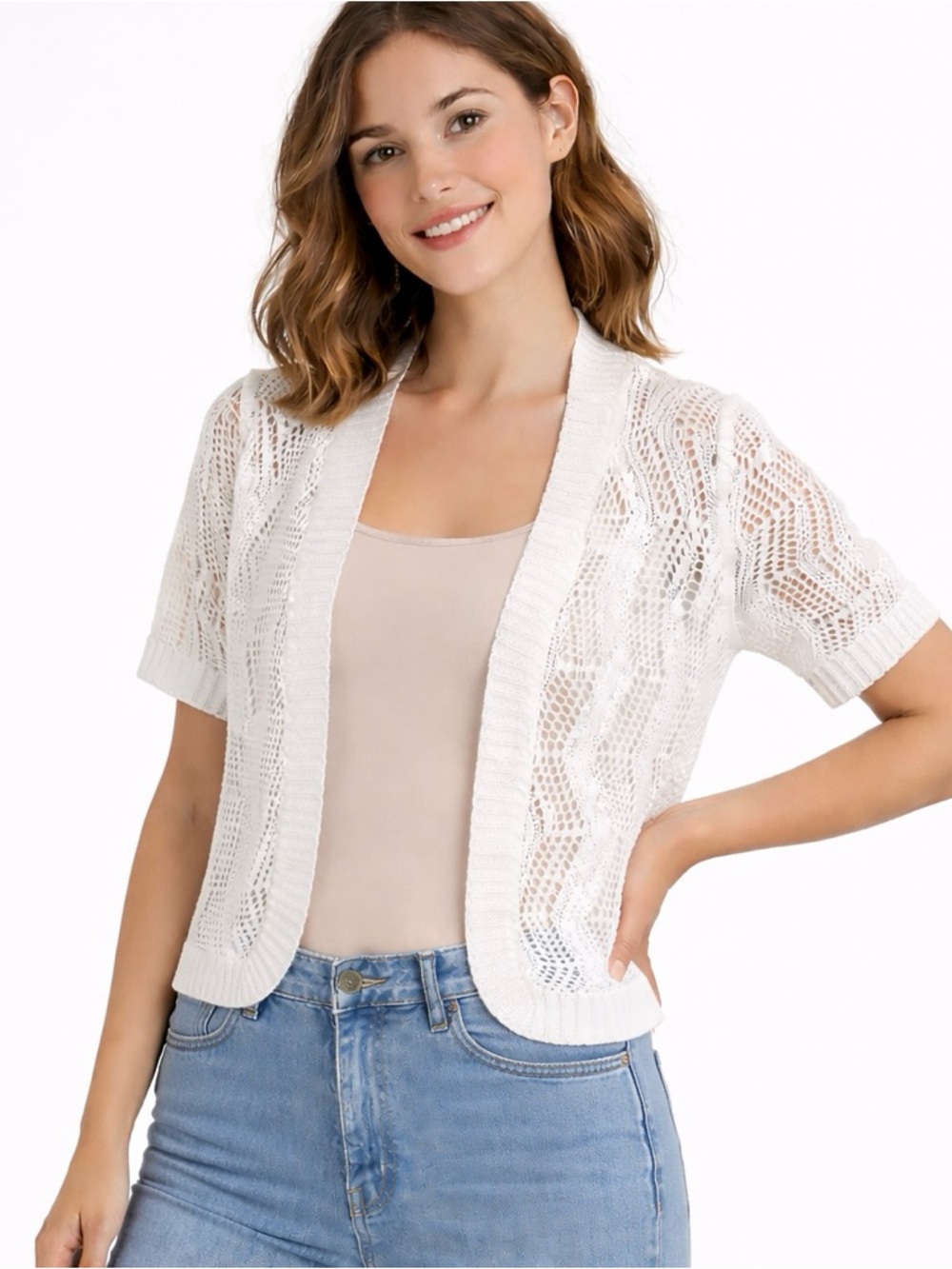 Leo & Nicole White Open Knit Cardigan Medium Short Sleeve Lace Look Acrylic